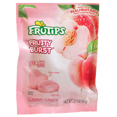 FRUTIPS FRUITY BURST GUMMY PEACH 2.1 OZ PEG BAG IN COUNTER DISPLAY